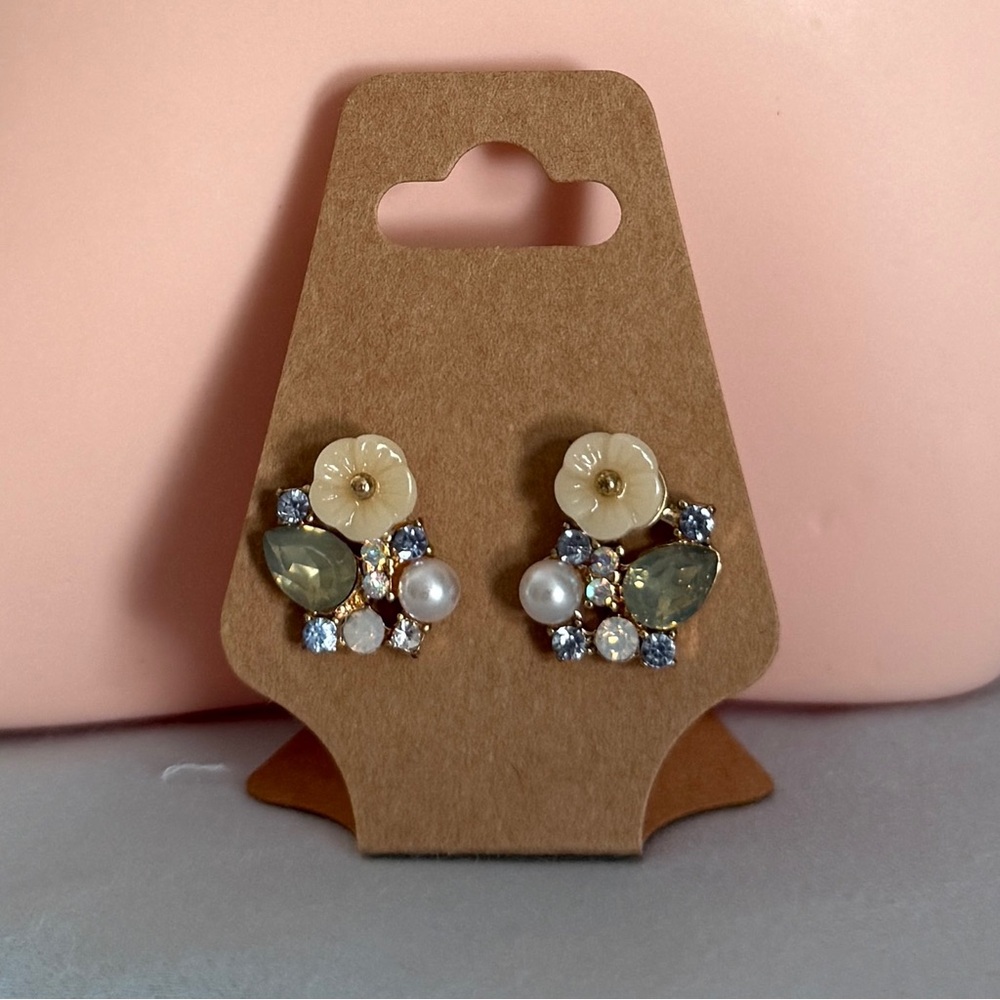 Floral Cluster Earrings with Cream and Blue Accents